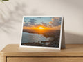 Premium A5 greeting card showing sunrise over Newquay town, harbour and beaches