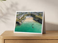 Premium A5 greeting card showing swimmers in green-blue water at Lusty Glaze Beach, Newquay