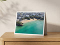 Premium A5 greeting card showing surfers and swimmers in clear water at Great Western Beach, Newquay