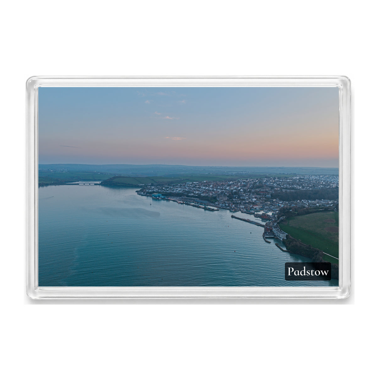 Padstow fridge magnet showing the Camel Estuary at sunset with the Camel Trail, Little Petherick Creek bridge and Padstow harbour