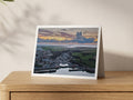 Premium A5 greeting card showing Padstow town and harbour under a dramatic sunset sky