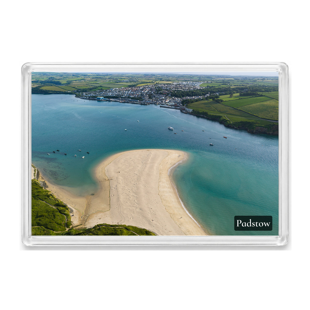 Padstow fridge magnet showing the Camel Estuary at high tide with a sandbar, blue shallows, boats and Padstow beyond
