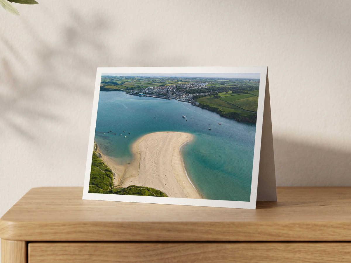 Premium A5 greeting card showing a sandbar in the Camel Estuary with Padstow across the water