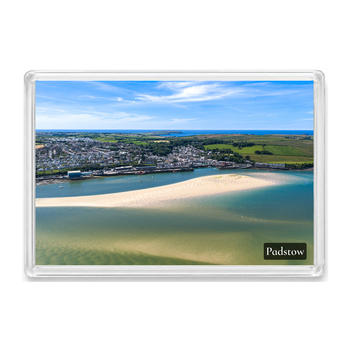Padstow fridge magnet showing sandbanks, shallows and channels of the Camel Estuary on a falling tide with Trevose Head beyond
