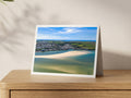 Premium A5 greeting card showing Camel Estuary sandbanks and shallows with Padstow beyond