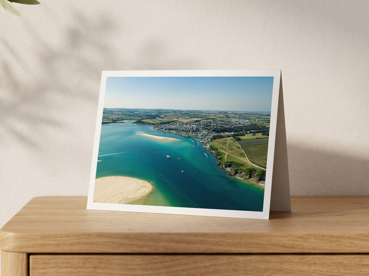 Premium A5 greeting card showing boats on the Camel Estuary and a sandbank with Padstow in sunshine