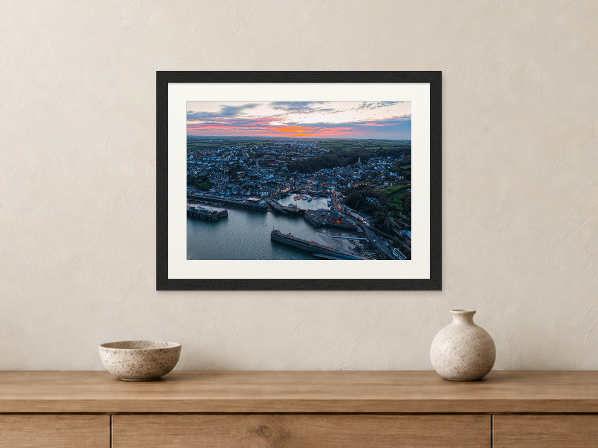 Christmas Dusk Over Padstow Harbour — A3 framed, 22mm black stained frame and 35mm mount. Closer product view.