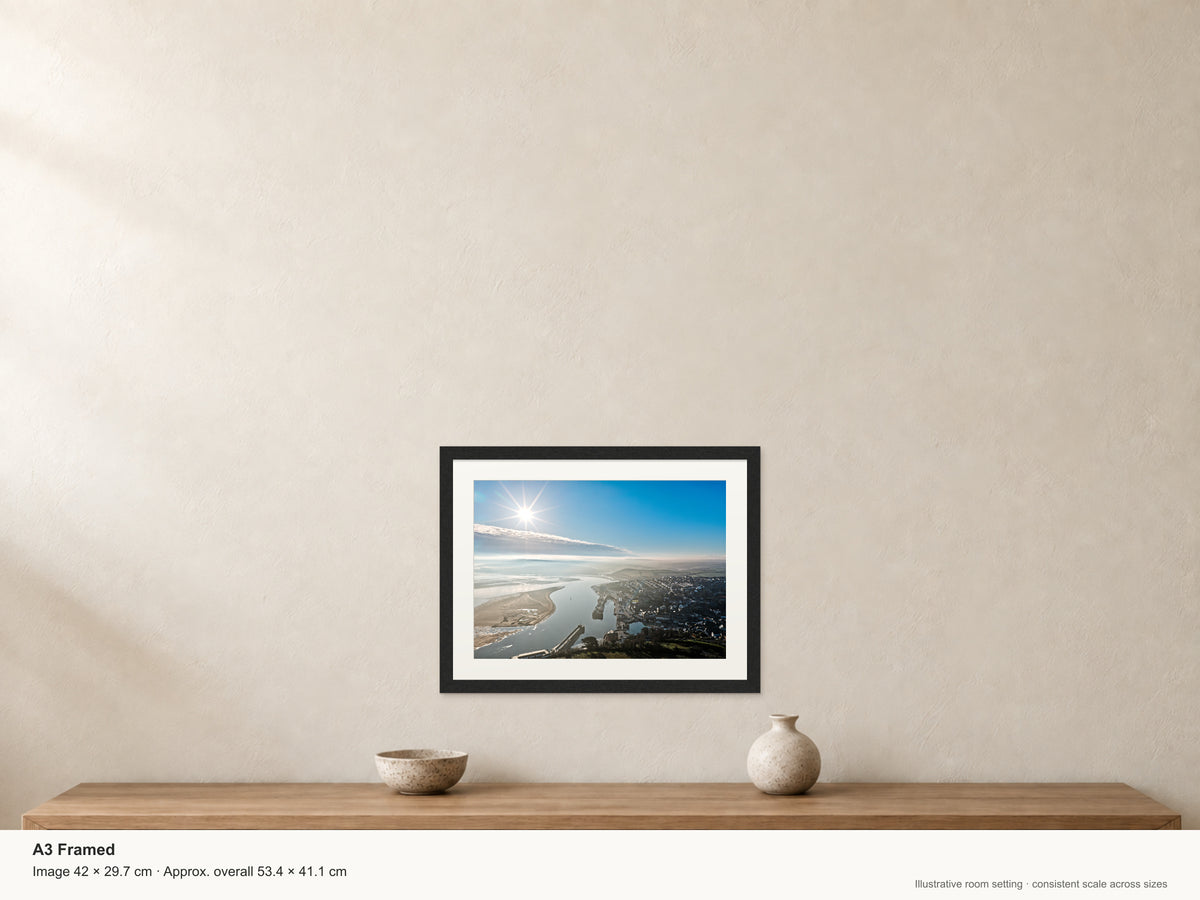Bright Winter Light — Camel Estuary, Padstow — A3 framed, 22mm black stained frame and 35mm mount. Illustrative room view and dimensions.