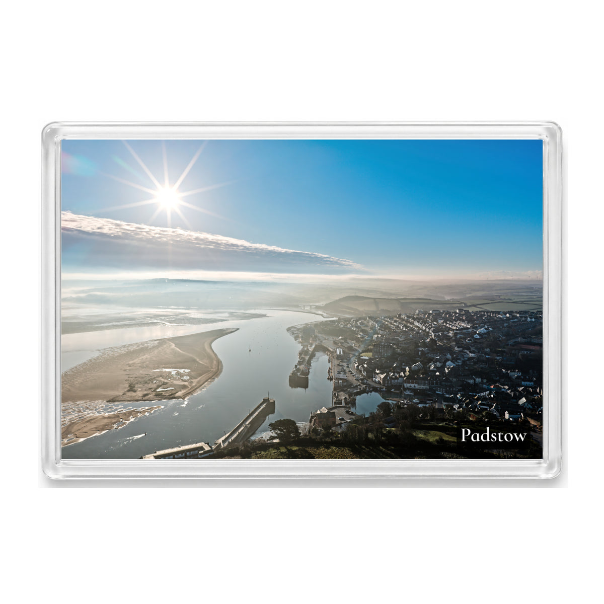 Padstow fridge magnet showing bright winter sun skimming the Camel Estuary in reflective bands beneath low cloud