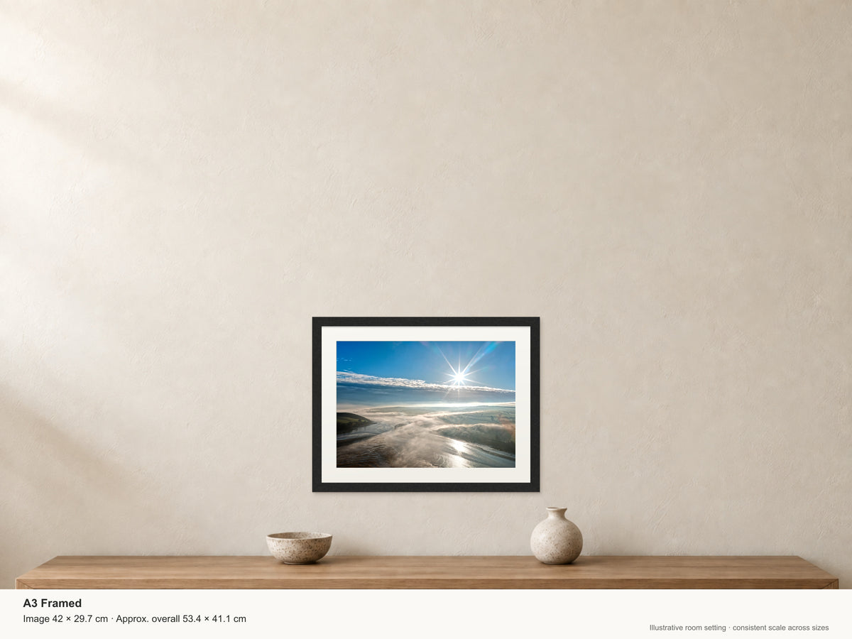 Low clouds at Camel Estuary, Padstow — A3 framed, 22mm black stained frame and 35mm mount. Illustrative room view and dimensions.