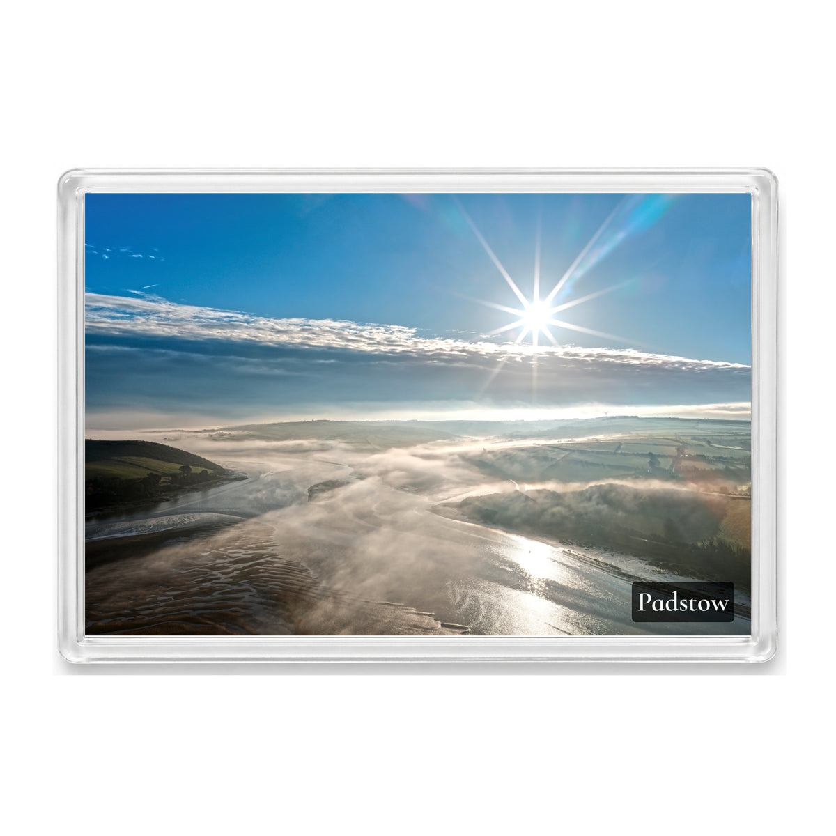 Padstow fridge magnet showing low cloud over the Camel Estuary with sunlight glinting on the cloud layer and water
