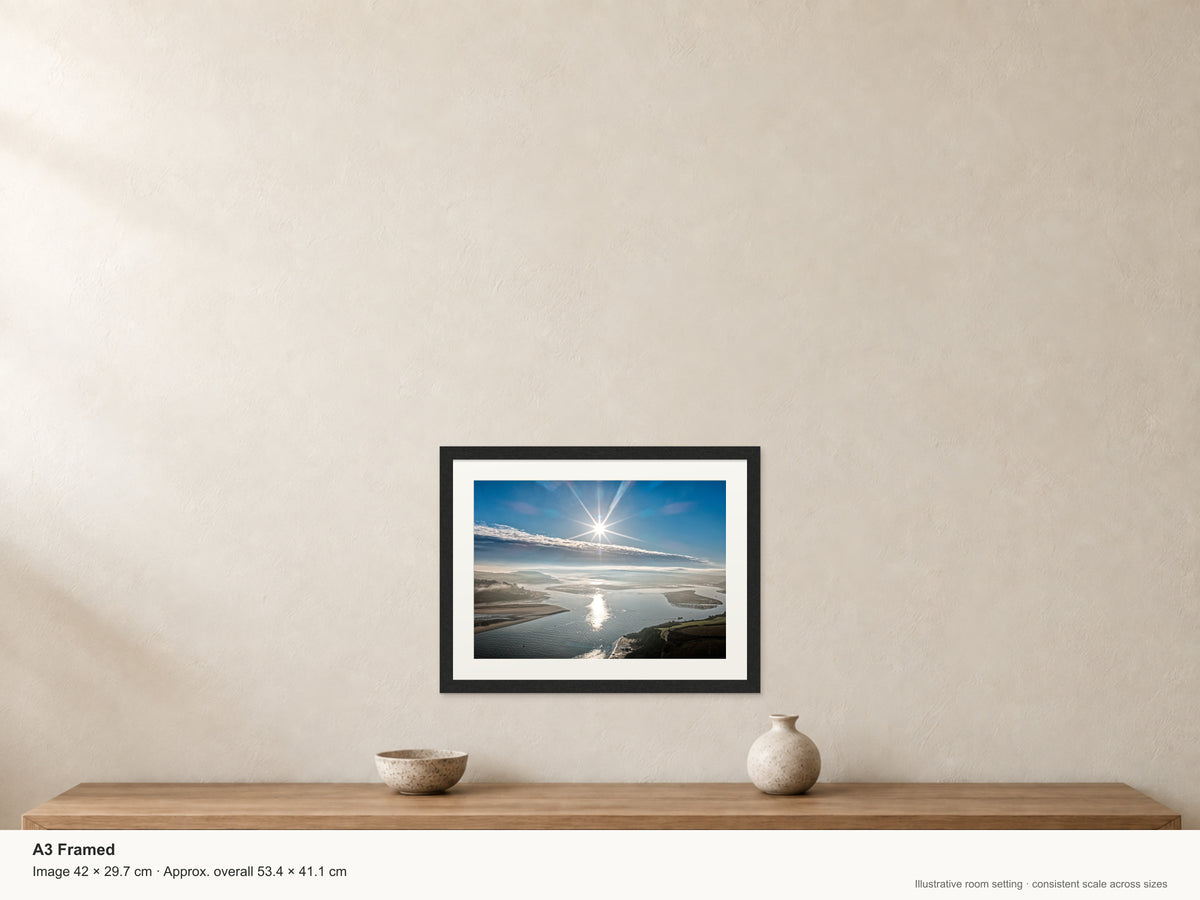 Winter Glare — Camel Estuary — A3 framed, 22mm black stained frame and 35mm mount. Illustrative room scale and dimensions.