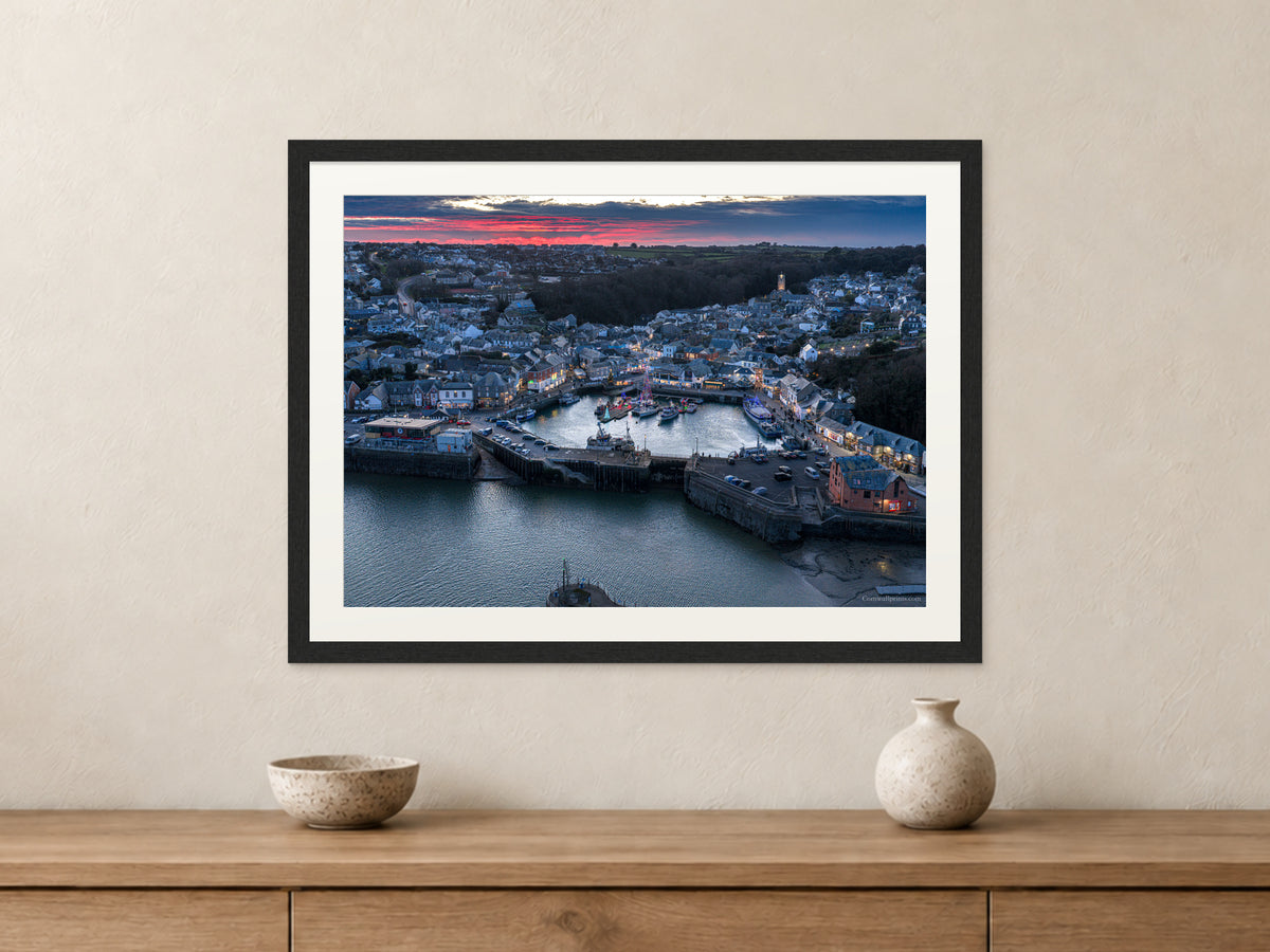 Padstow Harbour at Christmas — Head-On at Dusk — A2 framed, 22mm black stained frame and 35mm mount. Closer product view.