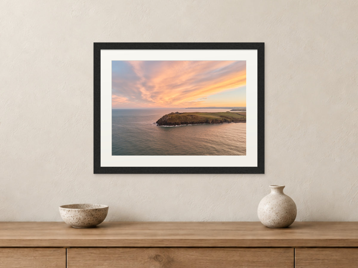 Swirl of Sunrise — Pentire Point — A3 framed, 22mm black stained frame and 35mm mount. Closer product view.