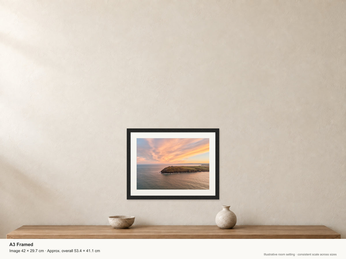 Swirl of Sunrise — Pentire Point — A3 framed, 22mm black stained frame and 35mm mount. Illustrative room view and dimensions.