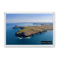 Pentire Point fridge magnet showing the rugged headland in deep blue sea with rocky inlets, paths and patchwork fields