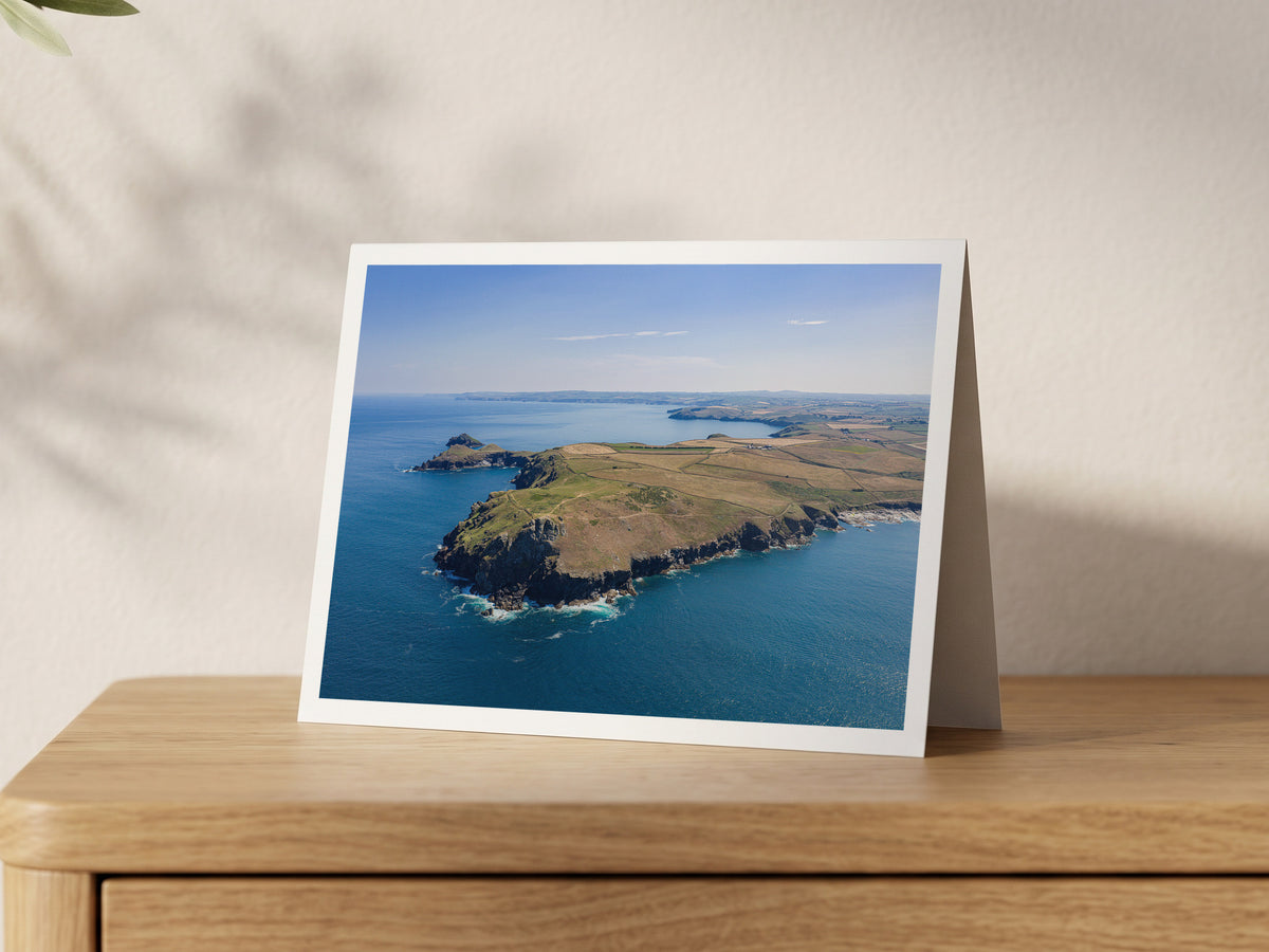 Premium A5 greeting card showing the rugged Pentire Point headland surrounded by deep blue sea
