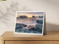 Premium A5 greeting card showing Polzeath village and beach beneath a stormy sunset sky
