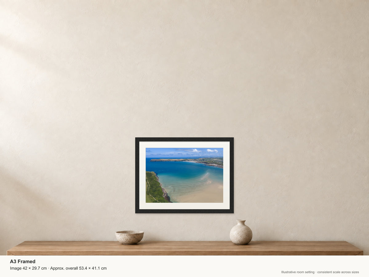 Camel Estuary — Across to Polzeath — A3 framed, 22mm black stained frame and 35mm mount. Illustrative room scale and dimensions.