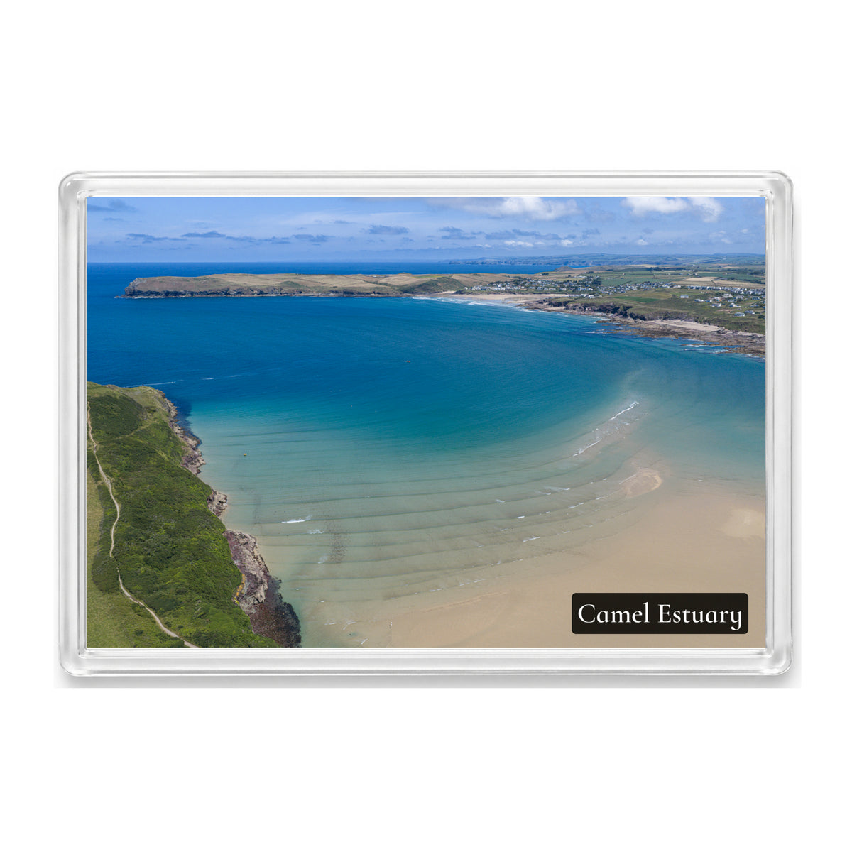 Camel Estuary fridge magnet showing colourful low-tide shallows and rippling water over sand, with Polzeath beyond