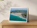 Premium A5 greeting card showing Polzeath beach at low tide with surf rolling in over turquoise water