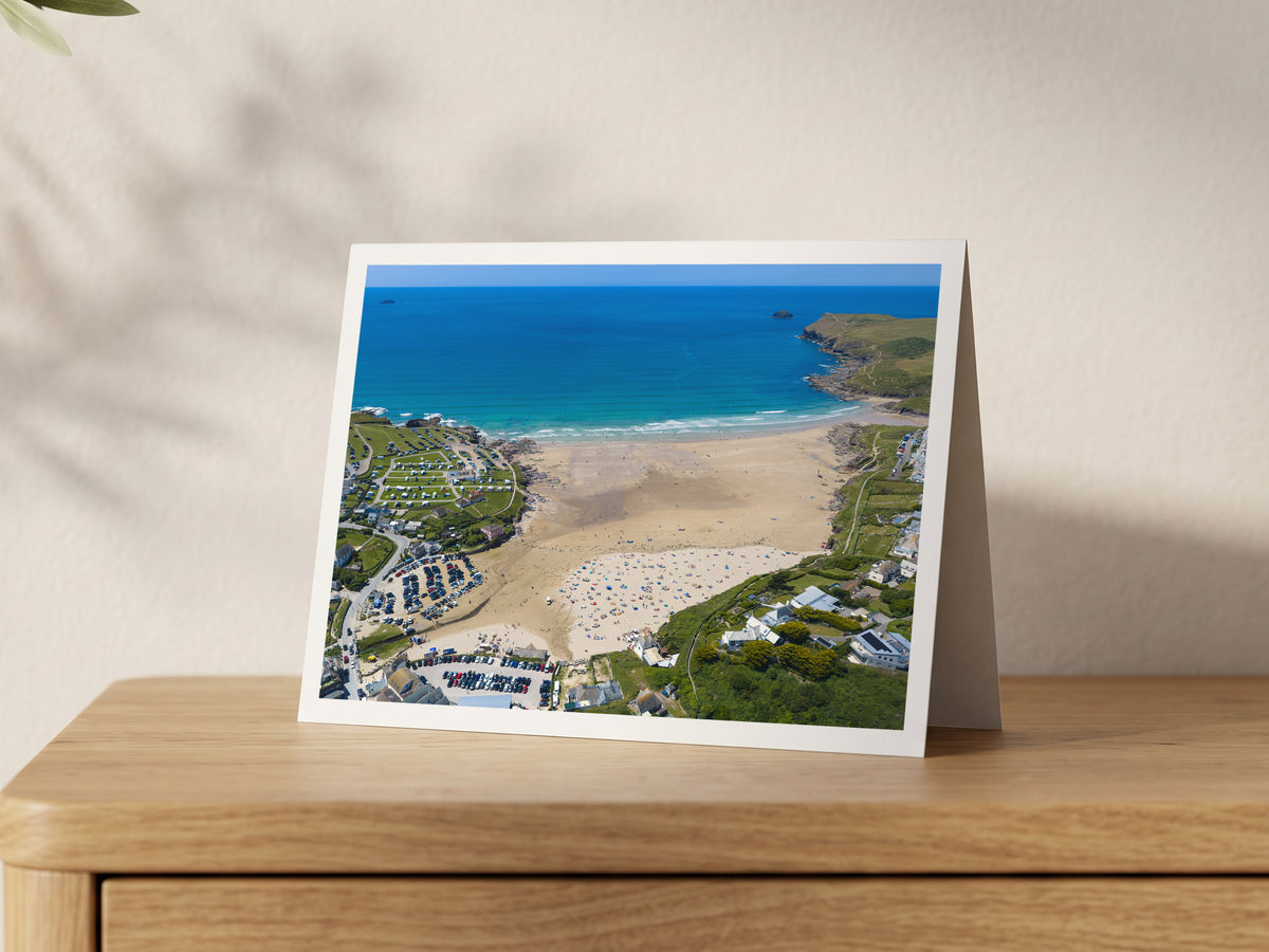 Premium A5 greeting card showing a busy Polzeath beach and blue Atlantic on a sunny day