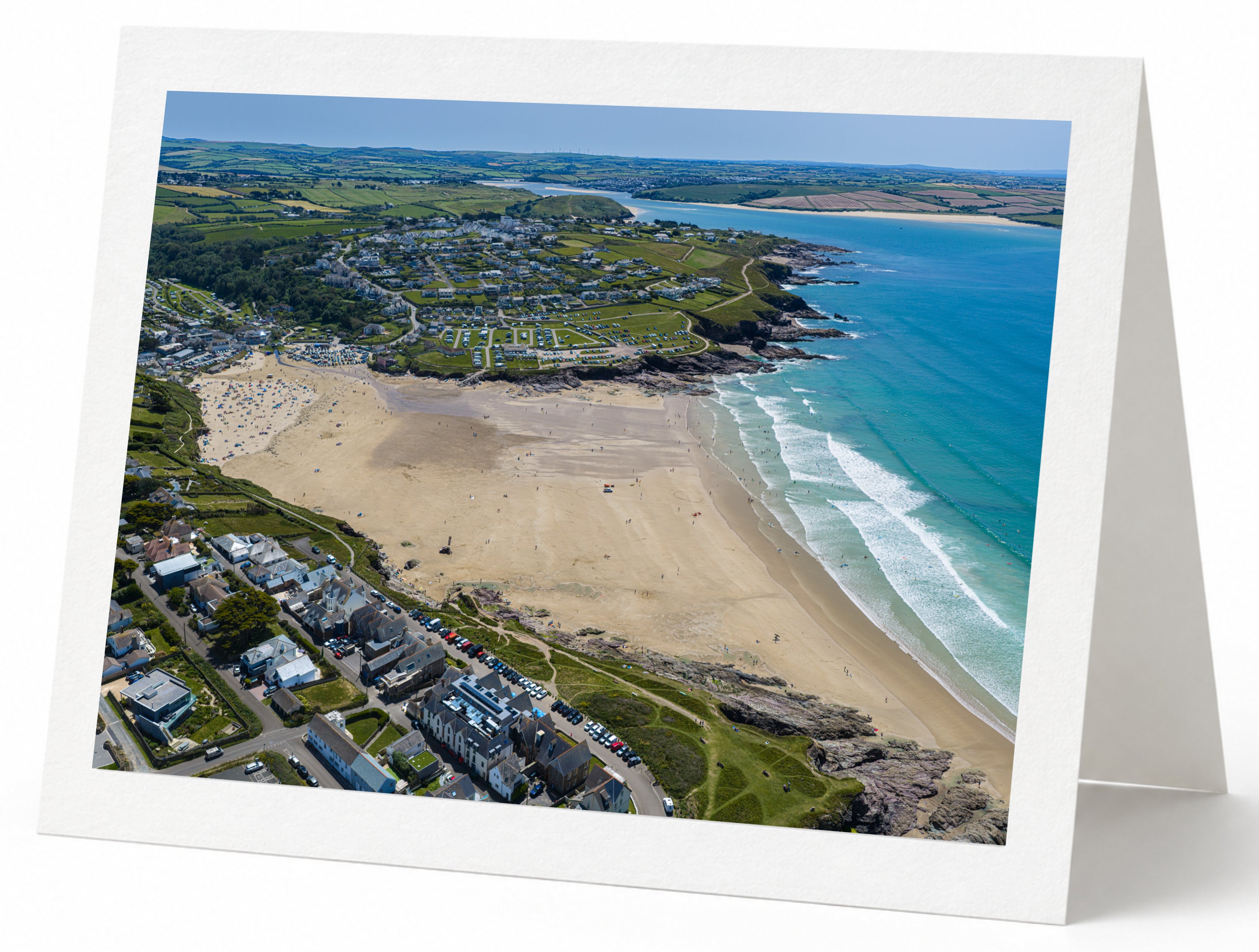 Premium A5 greeting card showing Polzeath Beach and the Camel Estuary in summer