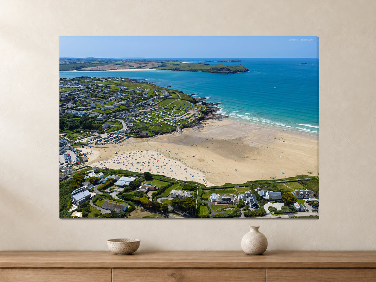 Polzeath — Summer Beach and Stepper Point — A0 canvas, 38mm-deep canvas with mirrored edges. Closer product view.