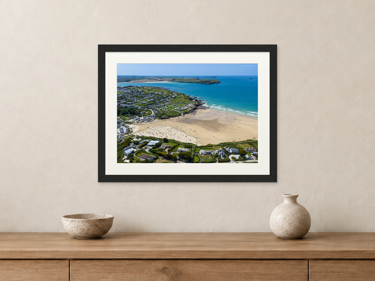 Polzeath — Summer Beach and Stepper Point — A3 framed, 22mm black stained frame and 35mm mount. Closer product view.