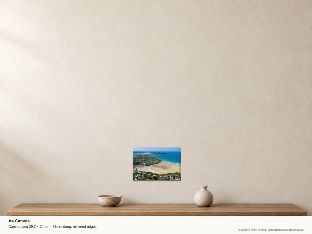 Polzeath — Summer Beach and Stepper Point — A4 canvas, 38mm-deep canvas with mirrored edges. Illustrative room scale and dimensions.