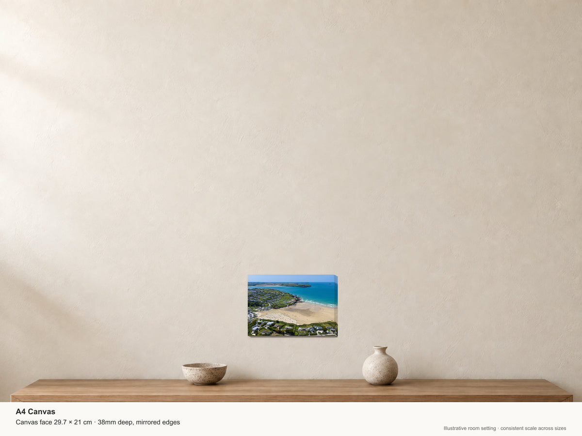 Polzeath — Summer Beach and Stepper Point — A4 canvas, 38mm-deep canvas with mirrored edges. Illustrative room scale and dimensions.