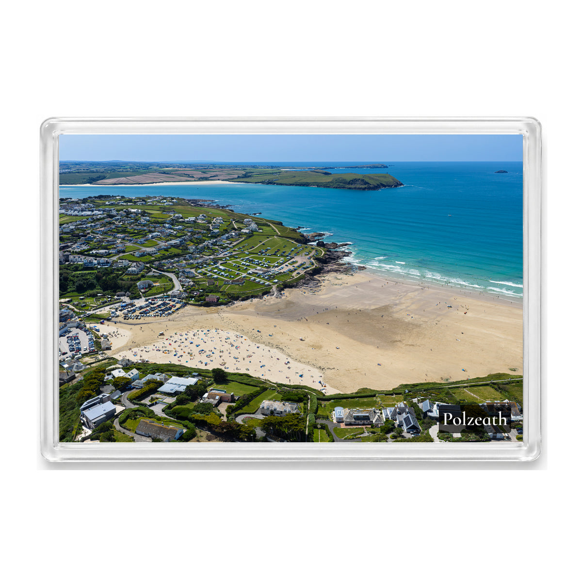 Polzeath fridge magnet showing a busy summer beach at low tide, surf on the sand and Stepper Point across the Camel Estuary