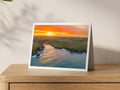 Premium A5 greeting card showing an autumn sunrise over Porthcothan Bay, Cornwall