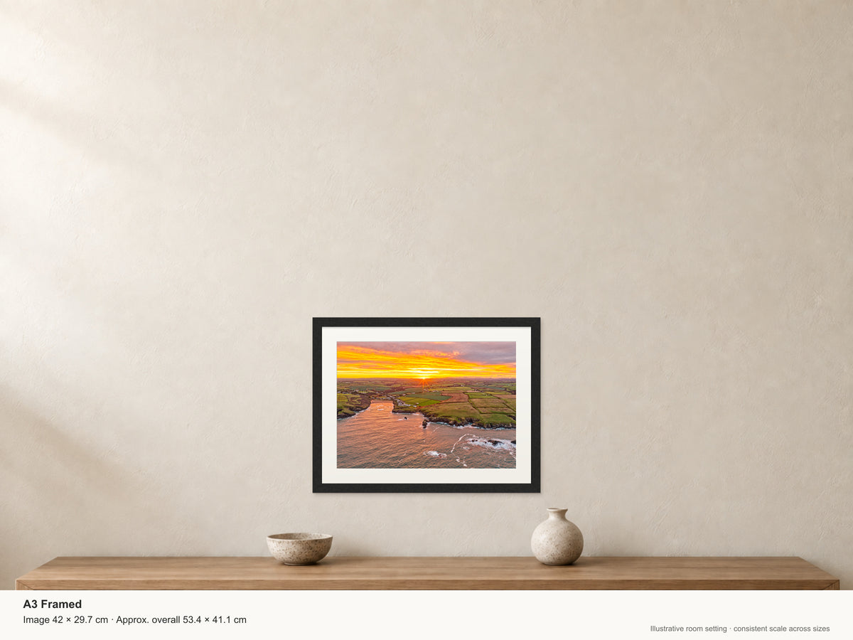 Rays at Porthcothan Bay Sunrise — A3 framed, 22mm black stained frame and 35mm mount. Illustrative room view and dimensions.
