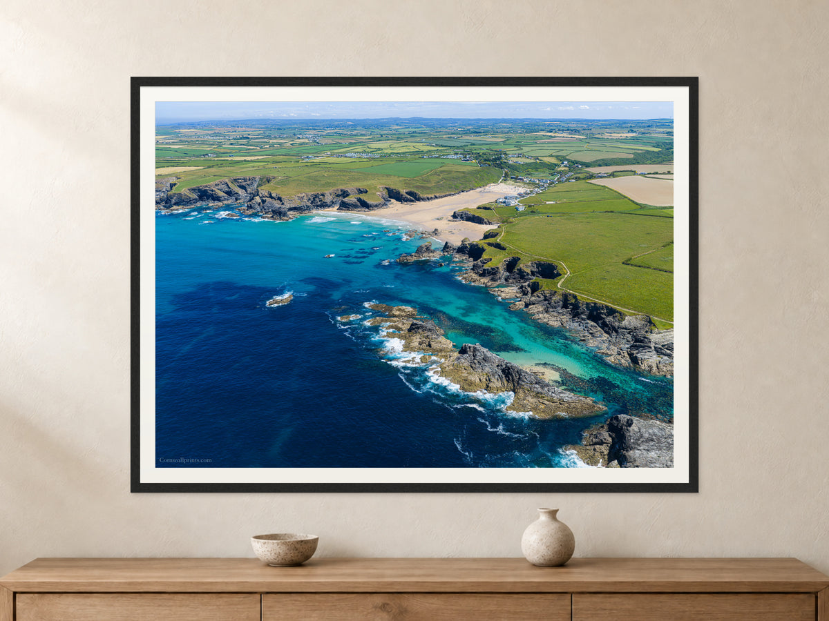 Porthcothan Bay & Trescore — Low Tide Contrast — A0 framed, 22mm black stained frame and 35mm mount. Closer product view.
