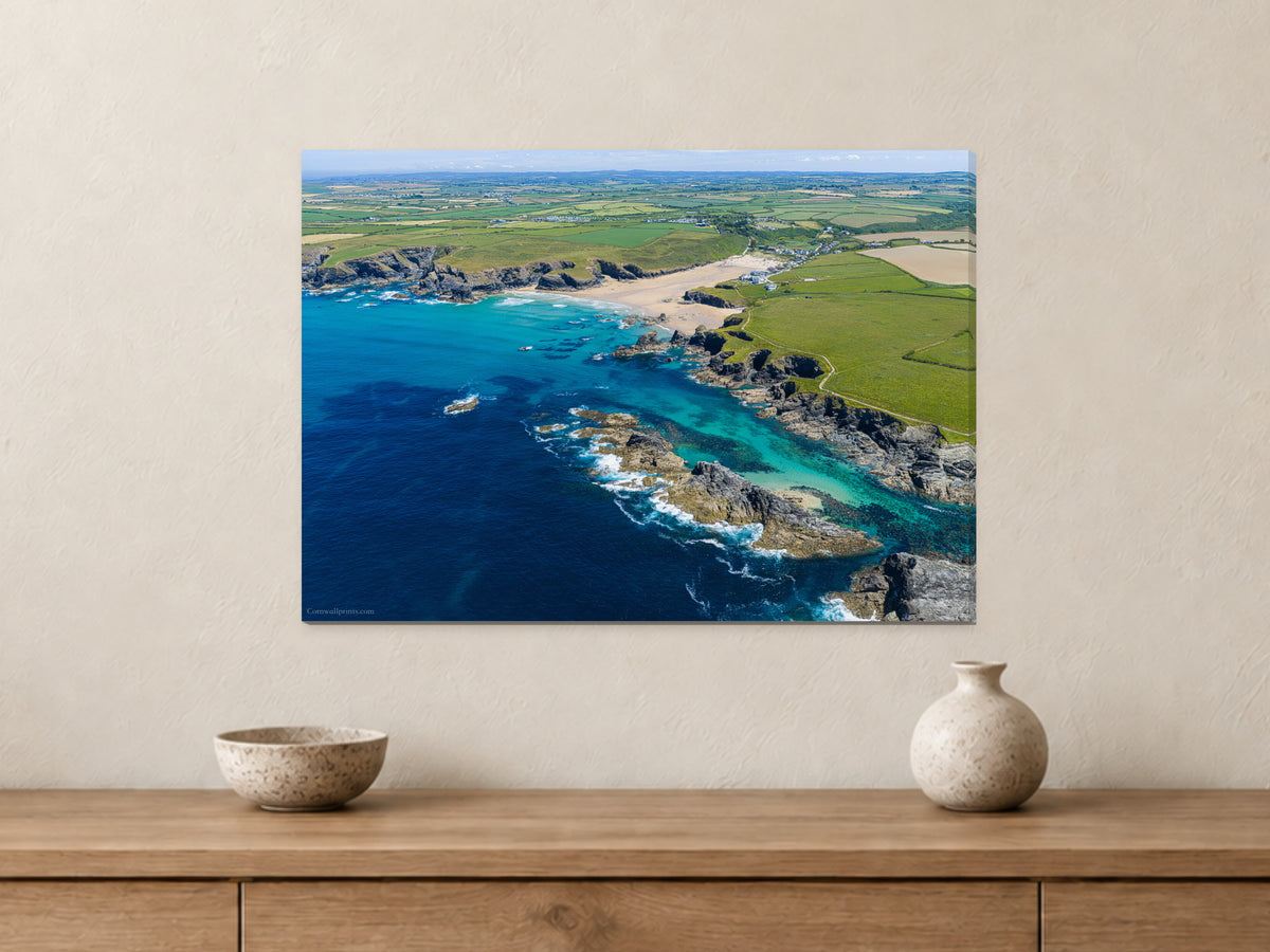 Porthcothan Bay & Trescore — Low Tide Contrast — A2 canvas, 22mm canvas with mirrored edges. Closer product view.