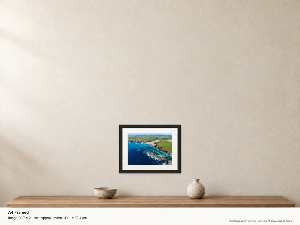 Porthcothan Bay & Trescore — Low Tide Contrast — A4 framed, 22mm black stained frame and 35mm mount. Illustrative room scale and dimensions.