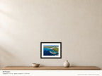 Porthcothan Bay & Trescore — Low Tide Contrast — A4 framed, 22mm black stained frame and 35mm mount. Illustrative room scale and dimensions.