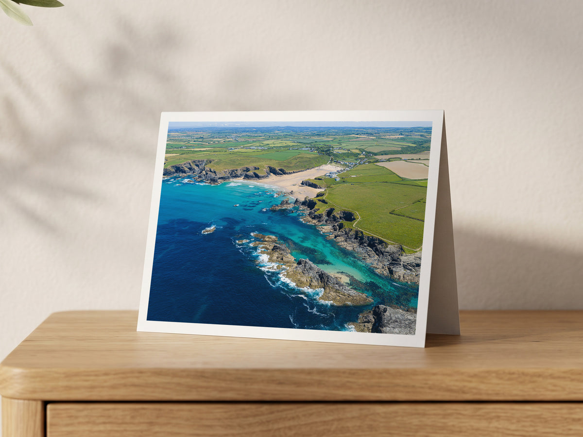 Premium A5 greeting card showing Trescore rocks and turquoise shallows in Porthcothan Bay