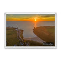 Porthcothan fridge magnet showing the bay at high tide beneath a strong yellow and orange sunset over a calm sea