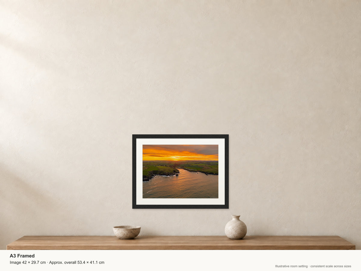 Porthcothan Bay — Golden Sunrise Path — A3 framed, 22mm black stained frame and 35mm mount. Illustrative room scale and dimensions.