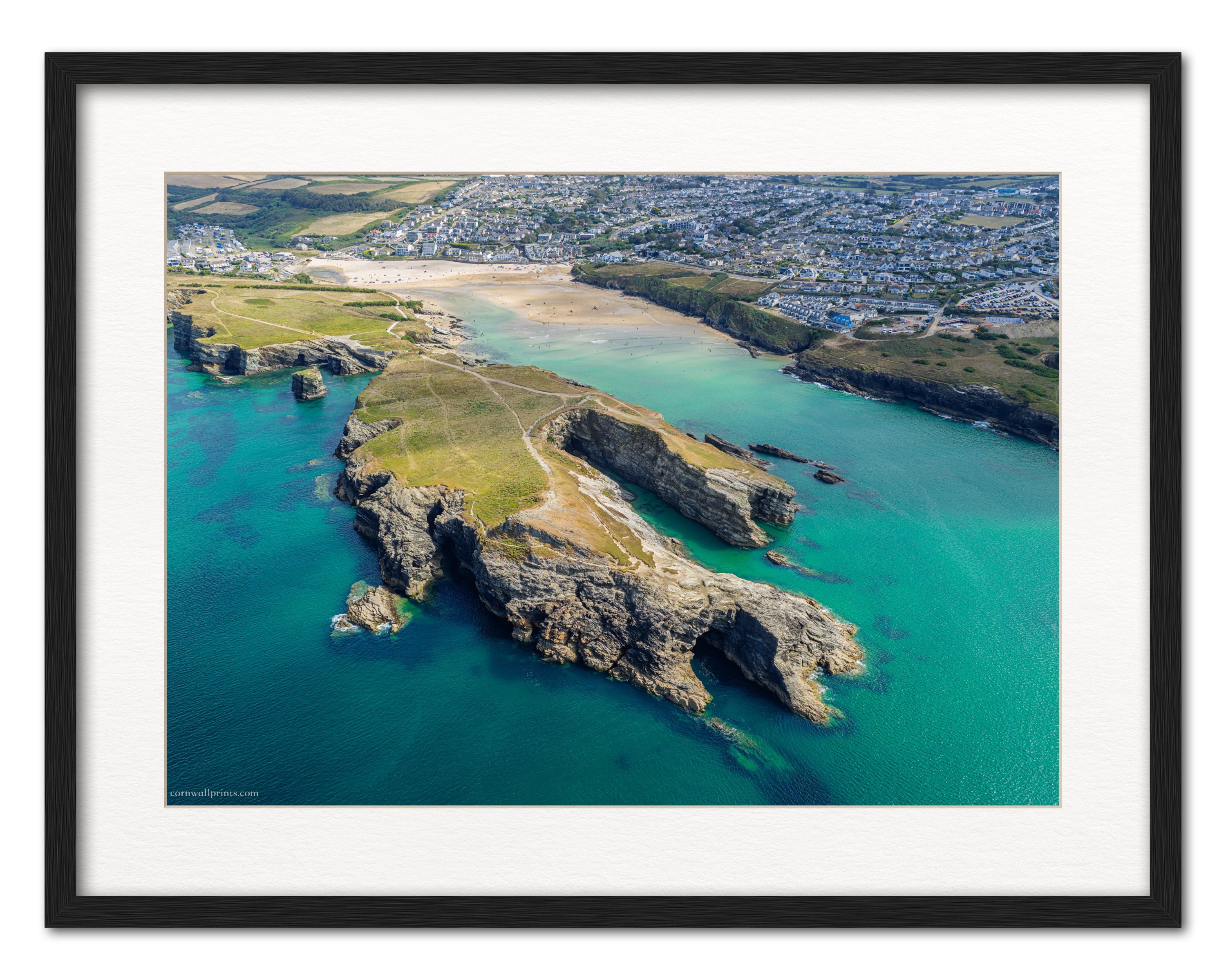 Porth Island and Porth Beach aerial photograph displayed in a black frame with white mount