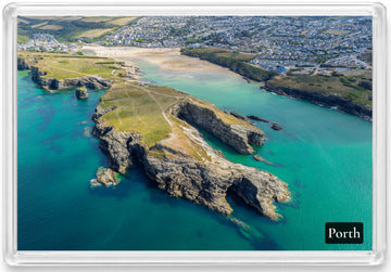Porth Island fridge magnet showing turquoise water, sea arches and Porth Beach
