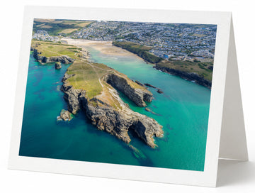 Premium A5 greeting card showing Porth Island in turquoise water towards Porth Beach