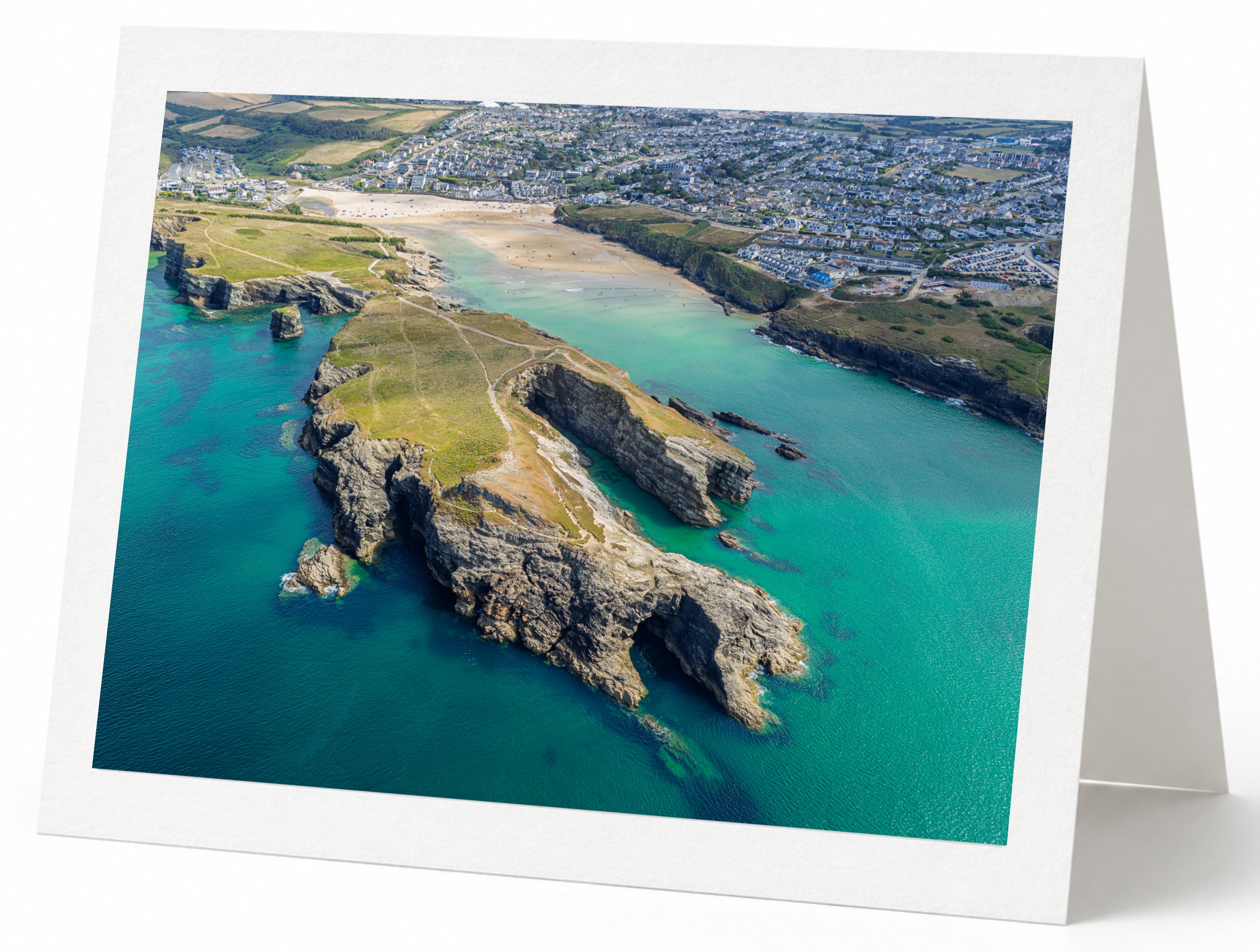 Premium A5 greeting card showing Porth Island in turquoise water towards Porth Beach