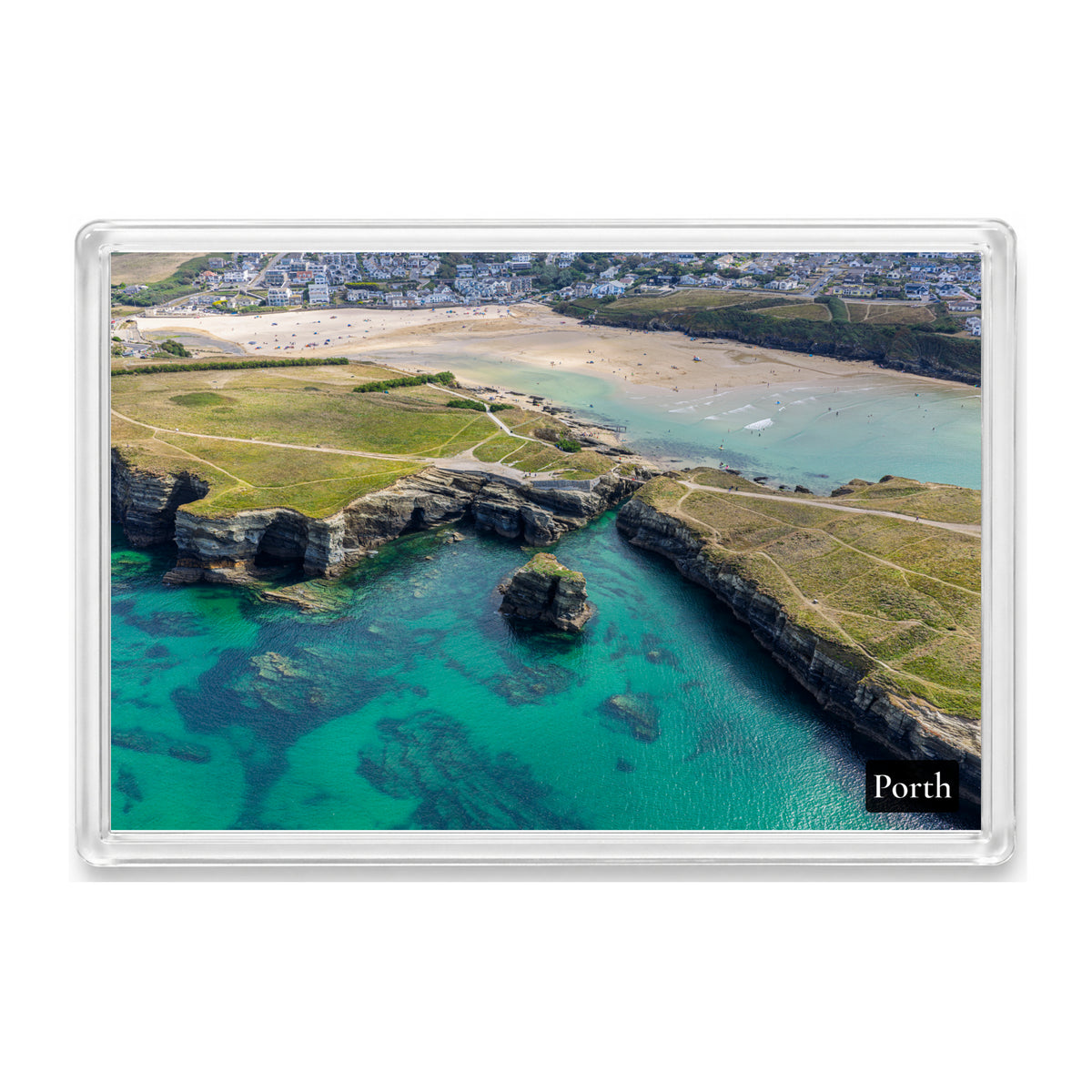 Porth fridge magnet showing the Porth Island footbridge, layered cliffs and turquoise water over reef, with Porth Beach beyond