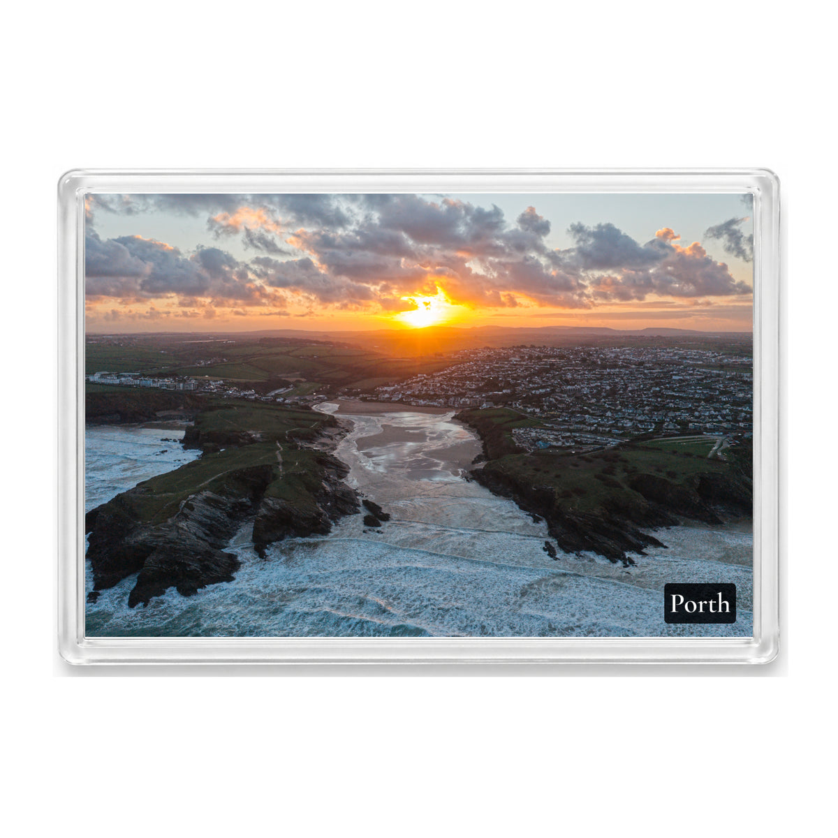 Porth Beach fridge magnet showing an orange and yellow sunrise with Porth Island in silhouette beside the bay