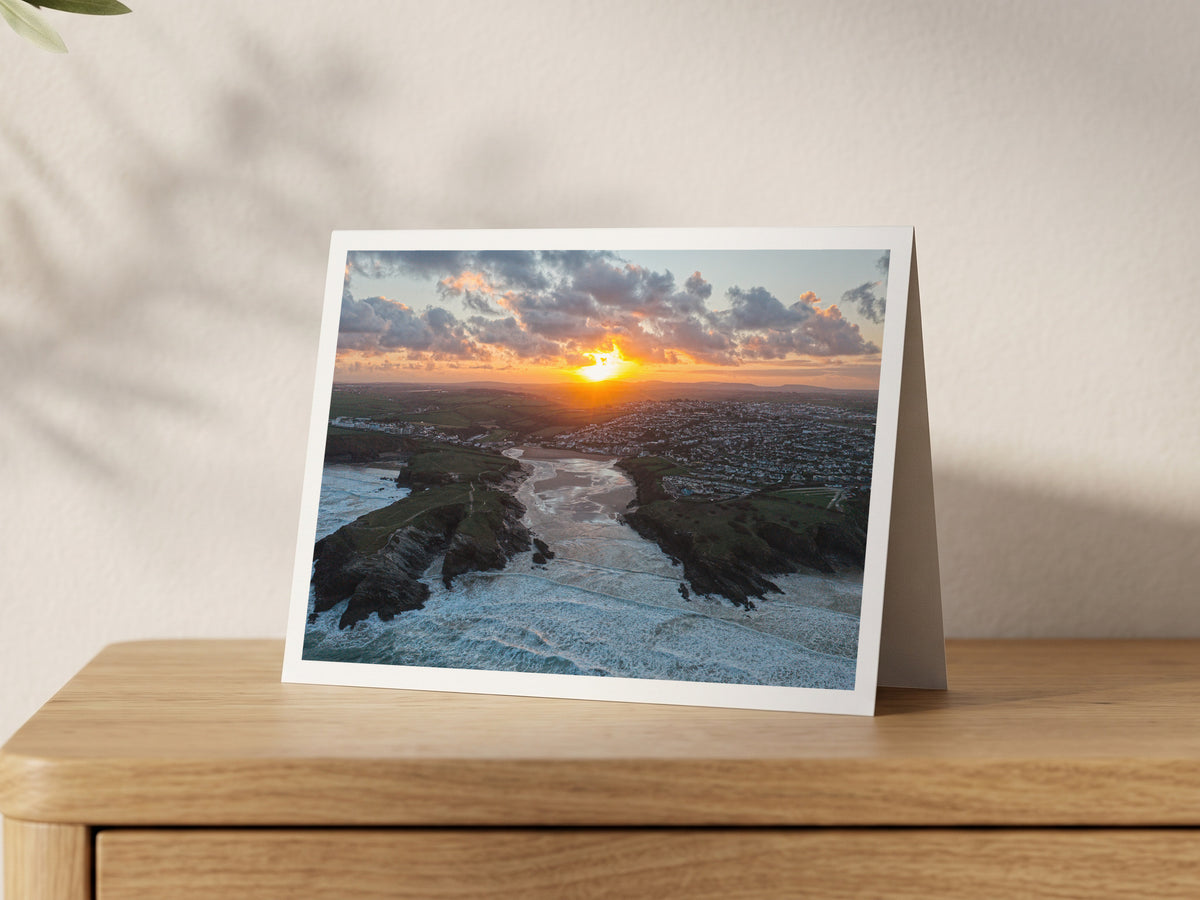Premium A5 greeting card showing sunrise over Porth Beach and Porth Island in Newquay