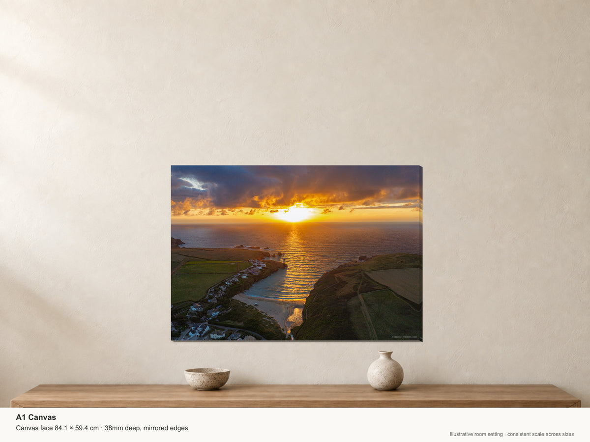 Porthcothan Bay sunset A1 canvas shown at room scale