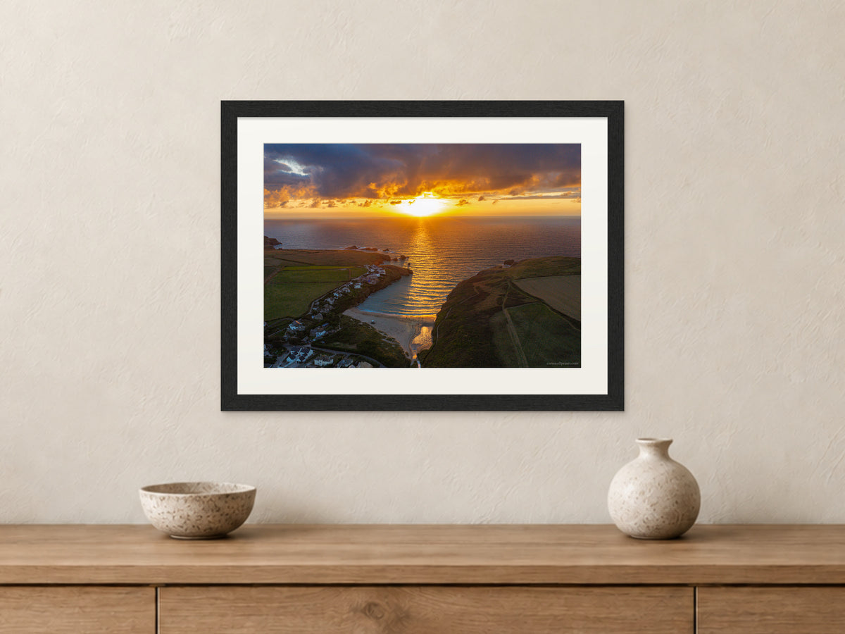 Porthcothan Bay at sunset, shown as a framed Cornwall photography print